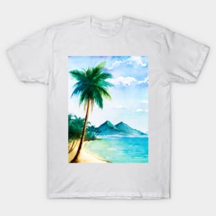 Watercolor tropical beach scene with palm trees T-Shirt